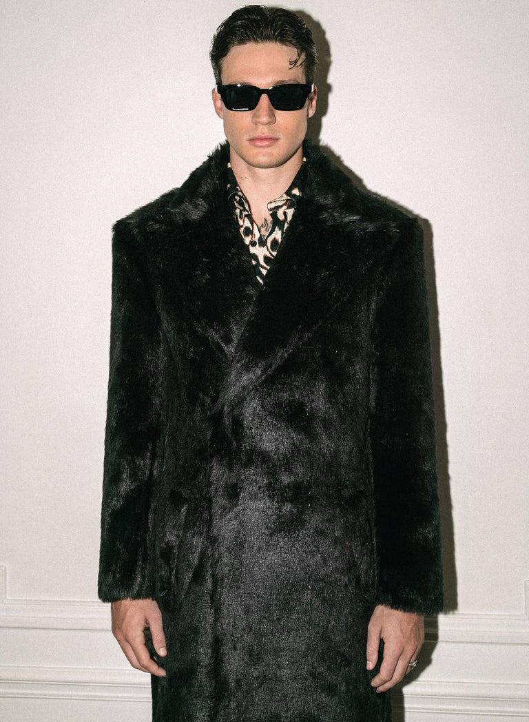 Black Double Breasted Faux Fur Long Coat