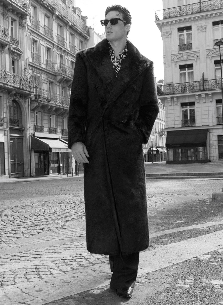 Black Double Breasted Faux Fur Long Coat