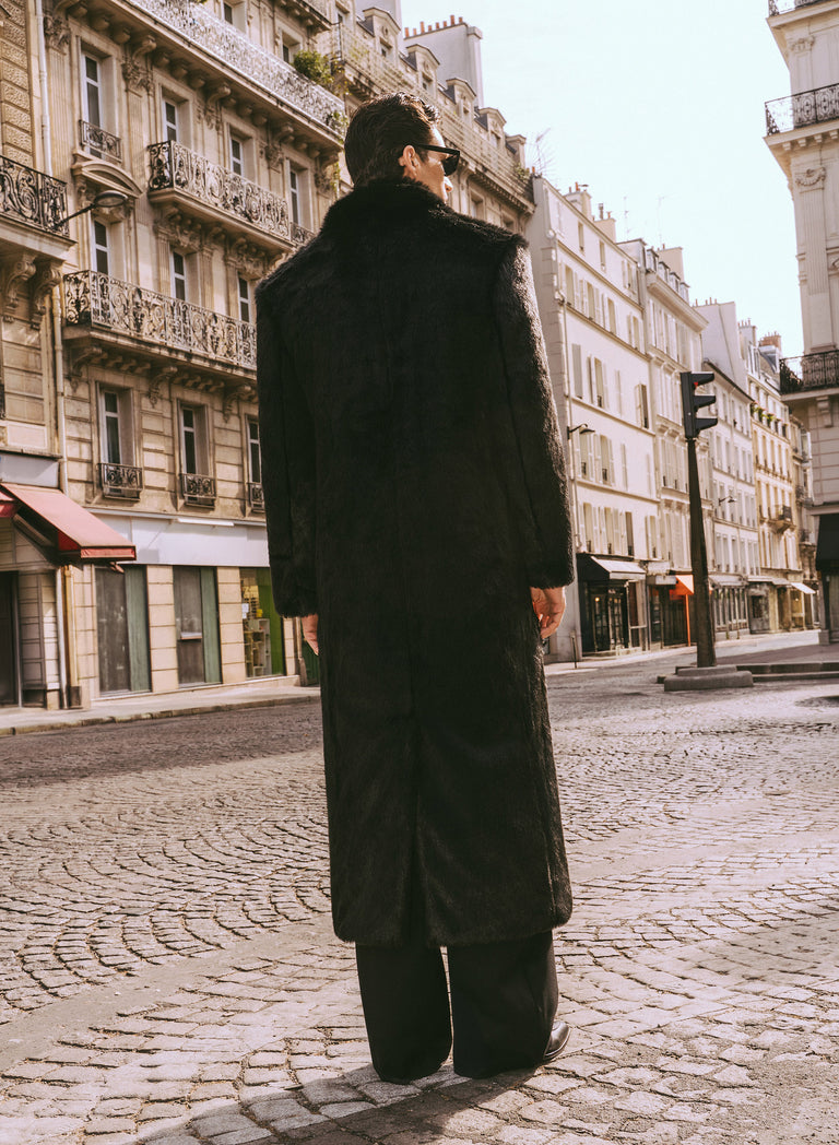 Black Double Breasted Faux Fur Long Coat