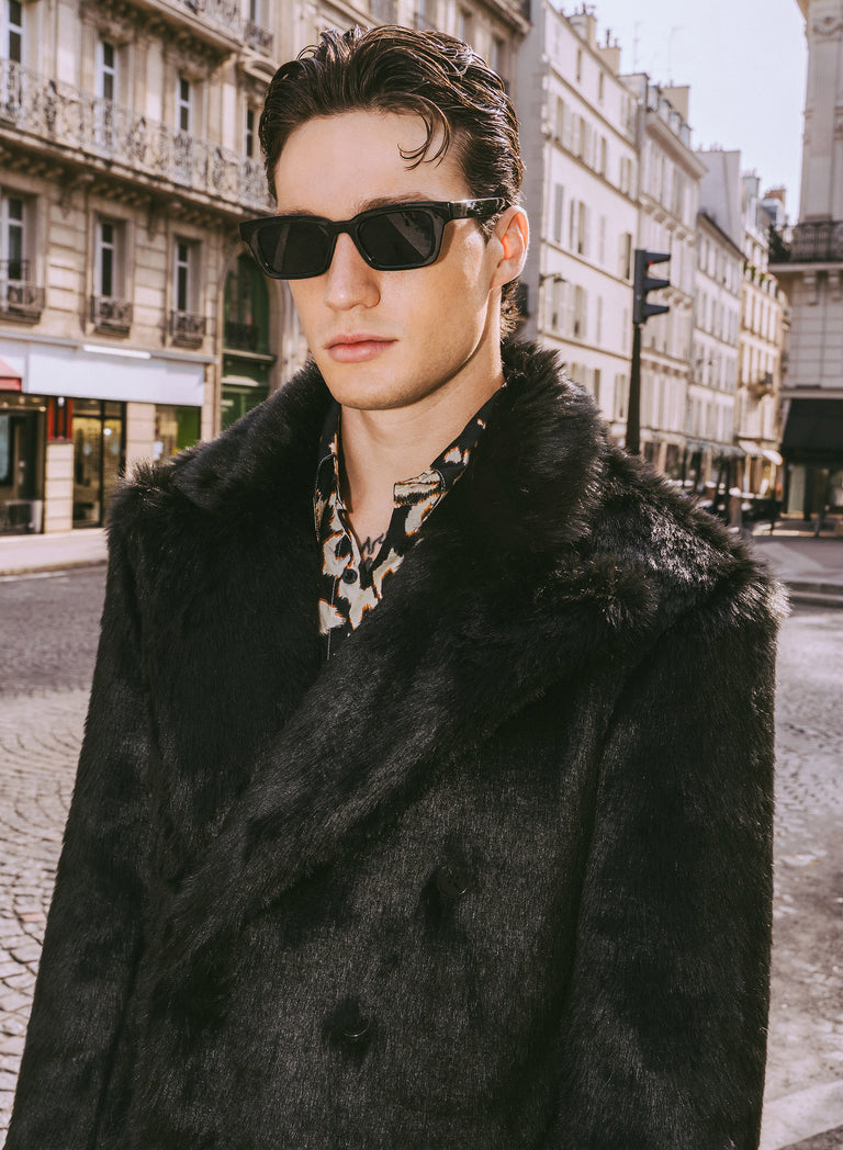 Black Double Breasted Faux Fur Long Coat