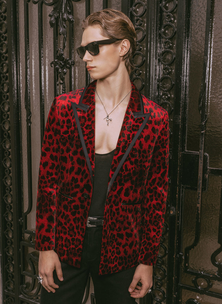 Red Velvet Leopard Print Blazer With Black Satin Lapel Trim
