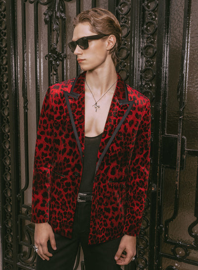 Red Velvet Leopard Print Blazer With Black Satin Lapel Trim