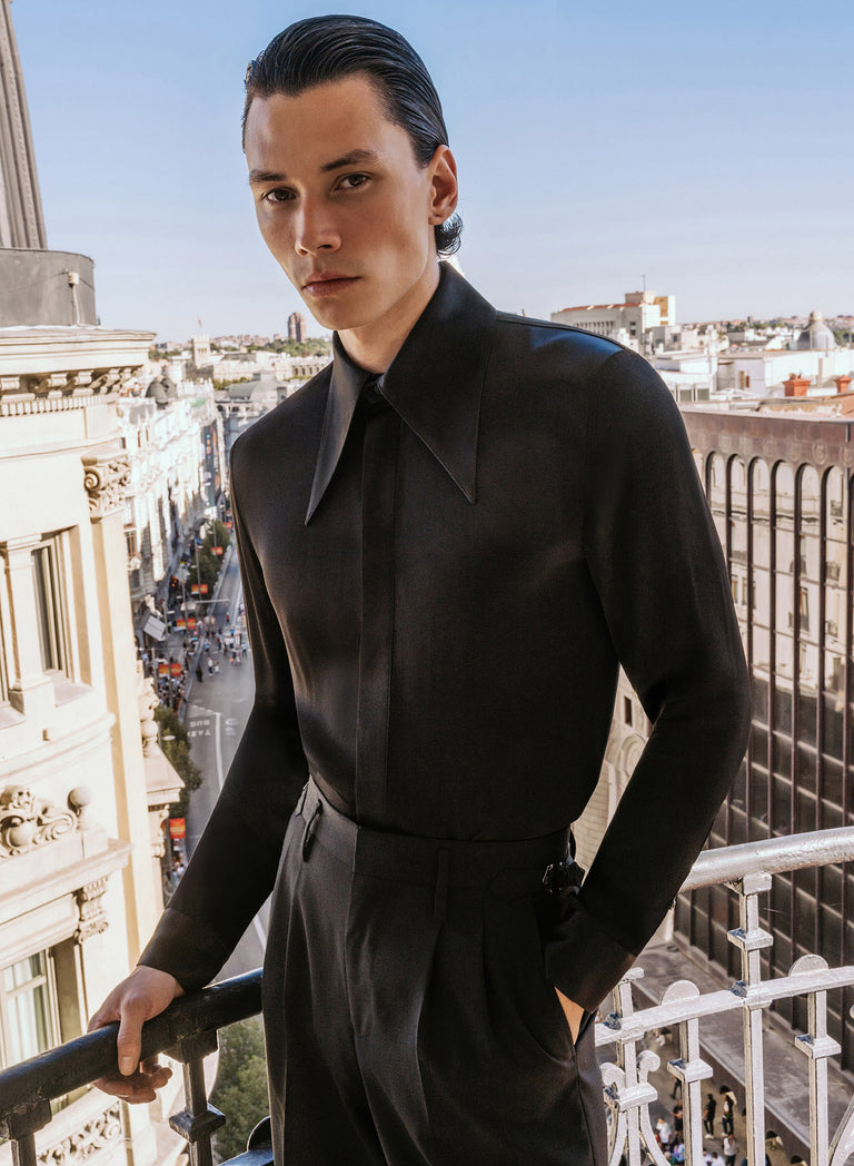 Black Viscose Dagger Collar Shirt