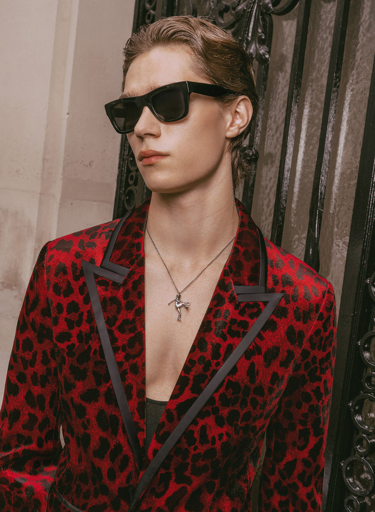 Red Velvet Leopard Print Blazer With Black Satin Lapel Trim