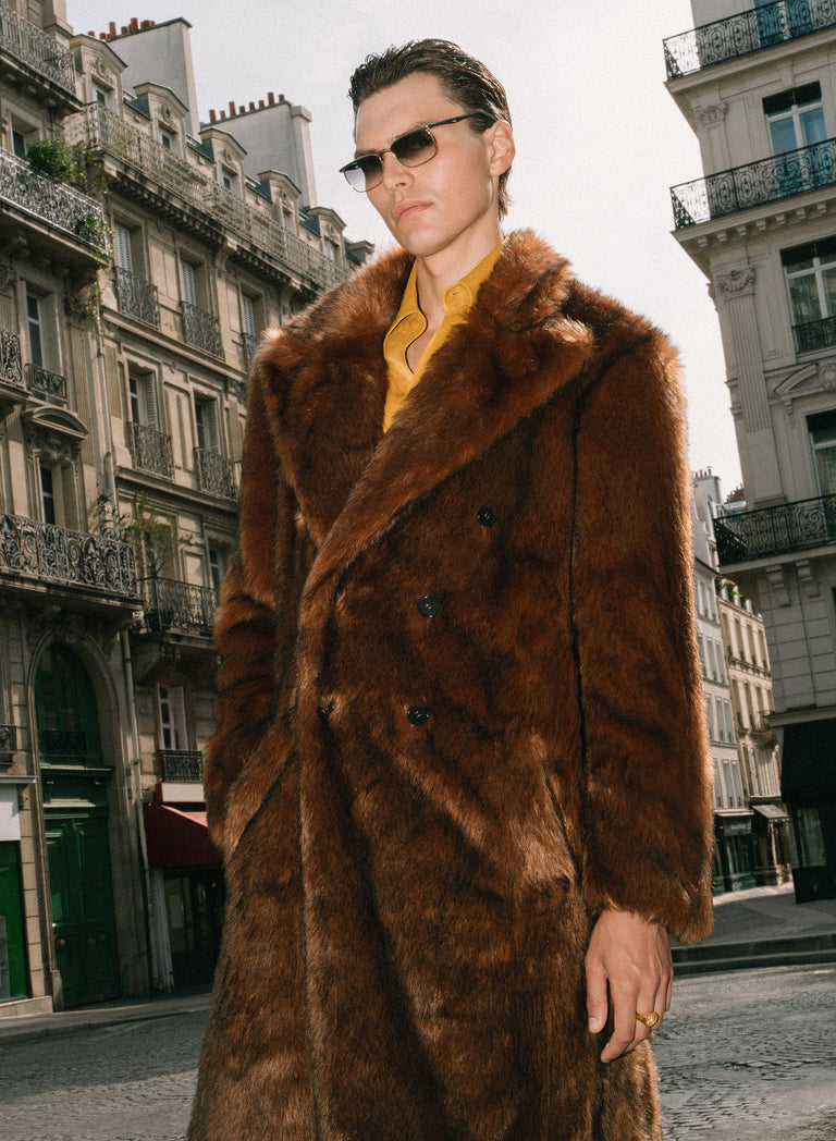 Brown Double Breasted Faux Fur Long Coat