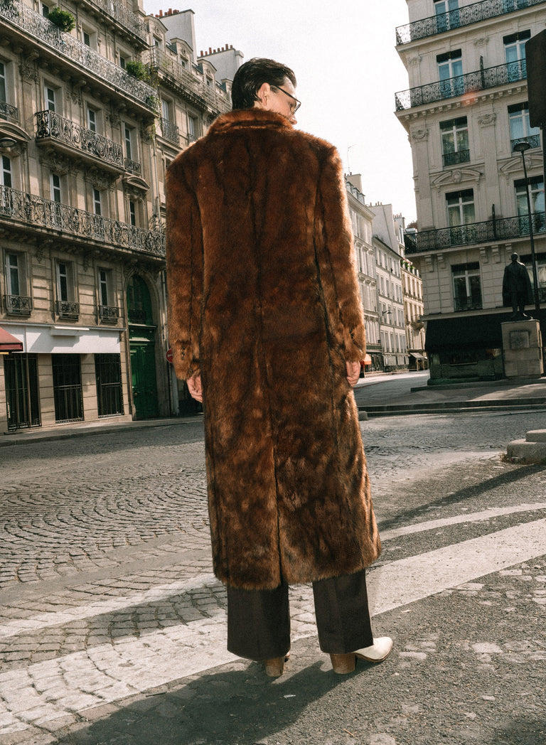 Brown Double Breasted Faux Fur Long Coat