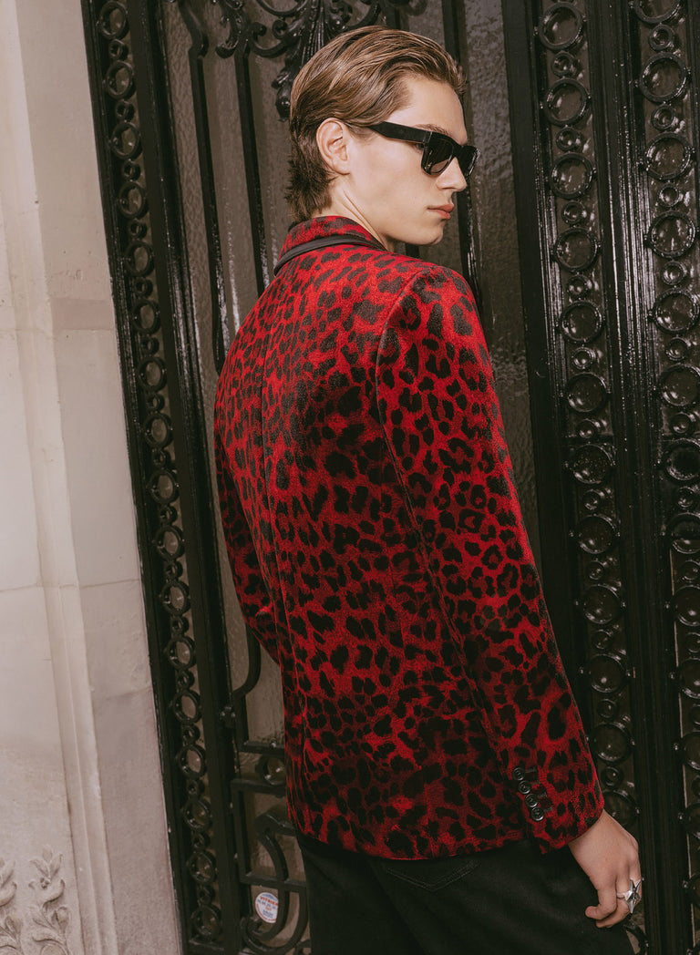 Red Velvet Leopard Print Blazer With Black Satin Lapel Trim