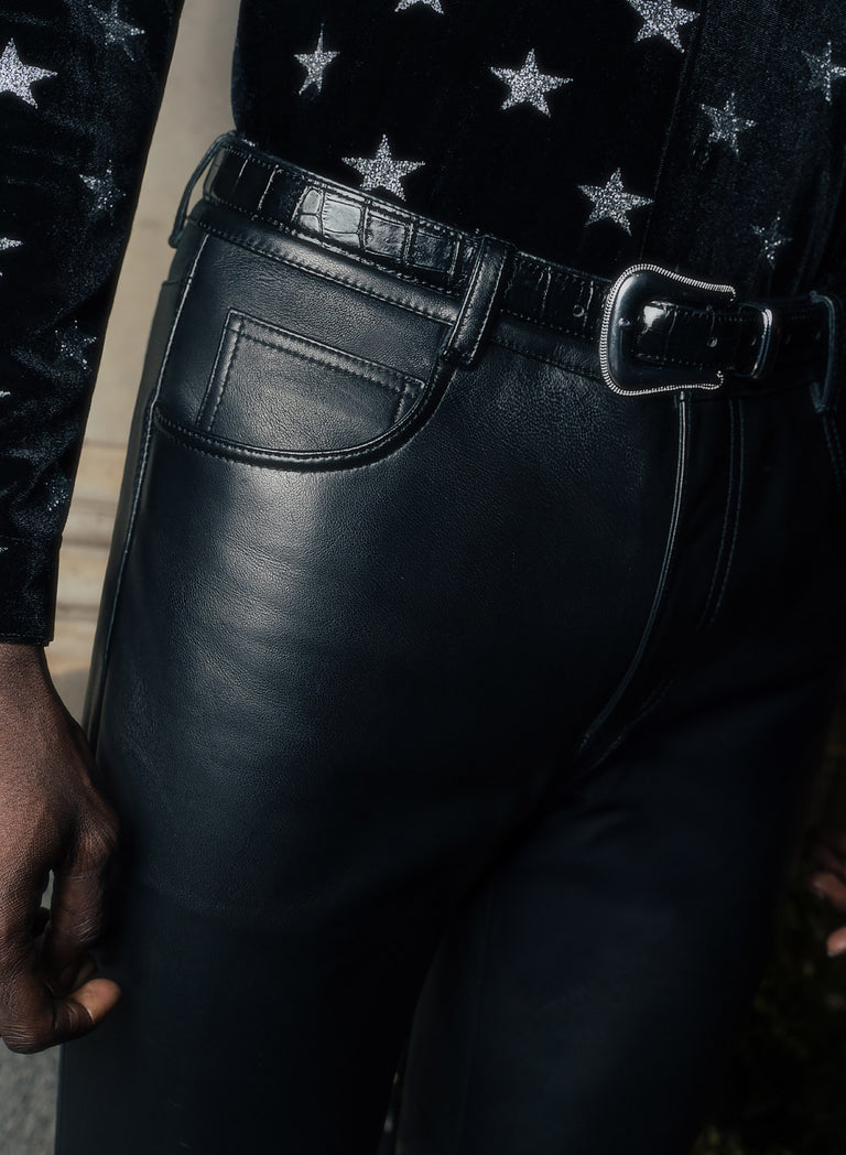 Black Leather Slim Fit Flare Trousers