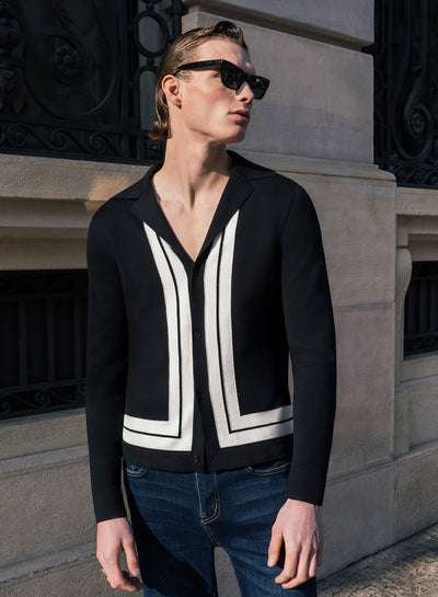 Black 50's Long Sleeve Shirt with White Stripe Border
