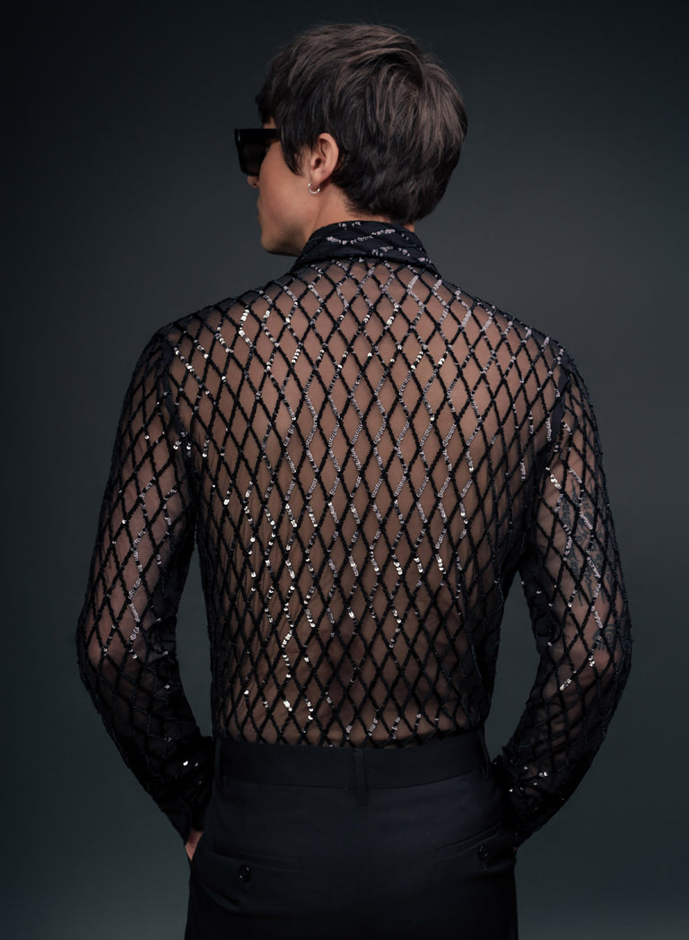 Black Diamond Sequin Embellished Lace Shirt