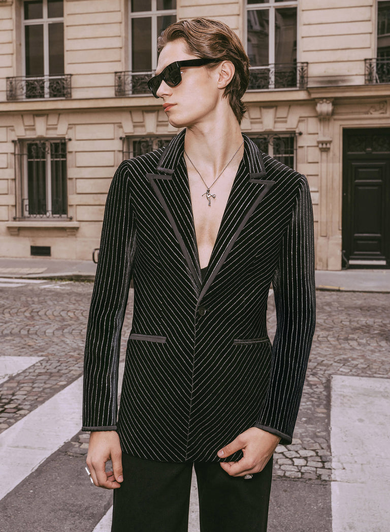 Black Velvet Silver Line Satin Lapel Trim Blazer