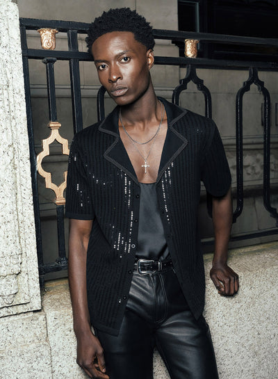 Black Lace Knitted Cotton Sequin Polo