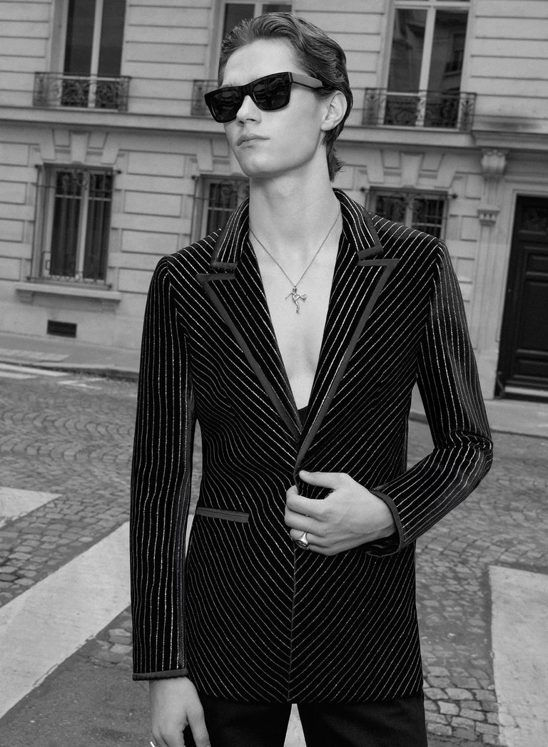 Black Velvet Silver Line Satin Lapel Trim Blazer