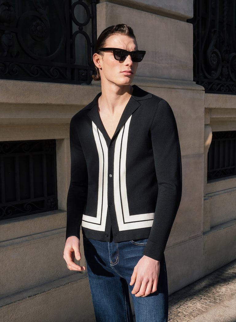 Black 50's Long Sleeve Shirt with White Stripe Border