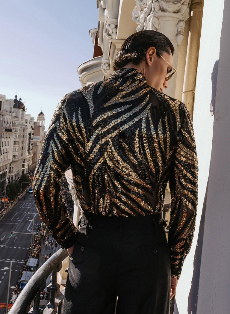 Black and Gold Zebra Sequin Embellished Shirt