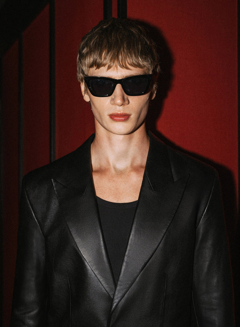 Black Exaggerated Peak Lapel Leather Blazer