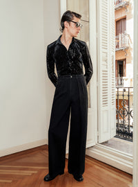 Black Denim Pleated Wide Leg Buckle Flare Jean