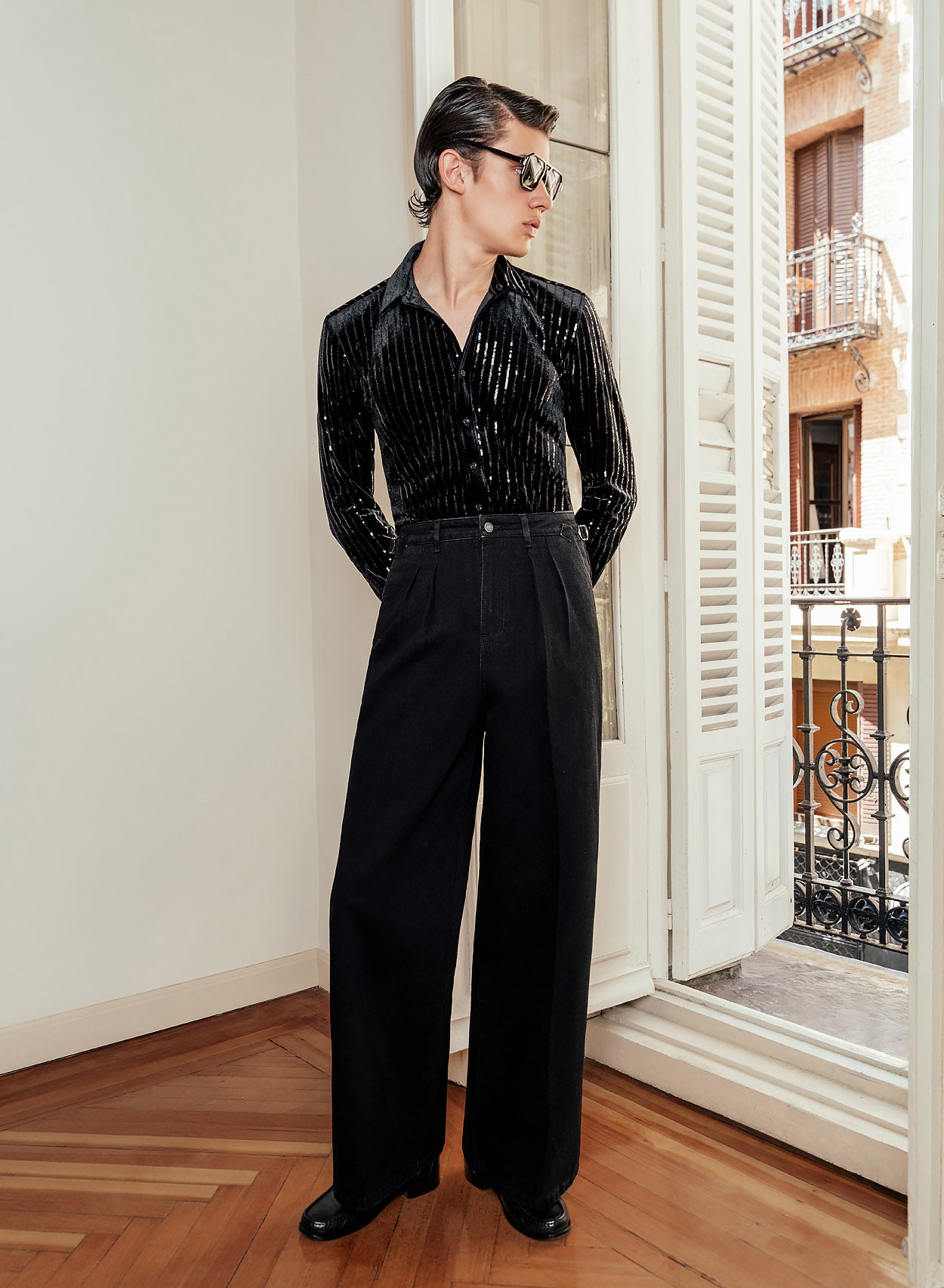 Black Denim Pleated Wide Leg Buckle Flare Jean ‐ Phix