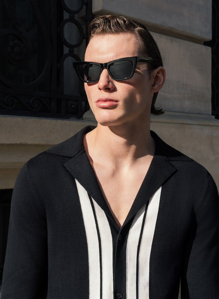 Black 50's Long Sleeve Shirt with White Stripe Border