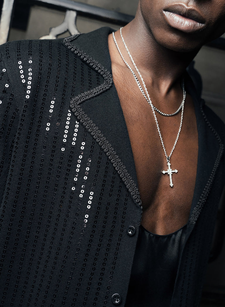 Black Lace Knitted Cotton Sequin Polo