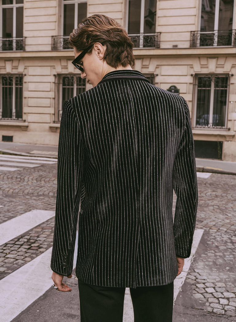 Black Velvet Silver Line Satin Lapel Trim Blazer
