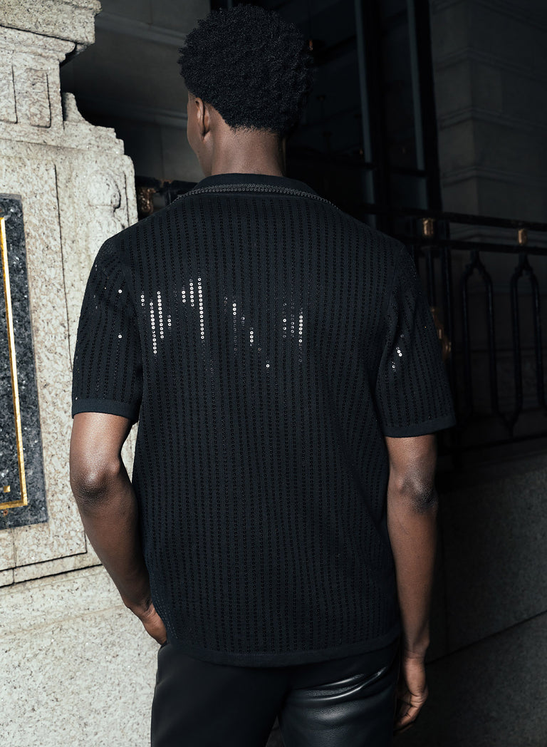 Black Lace Knitted Cotton Sequin Polo