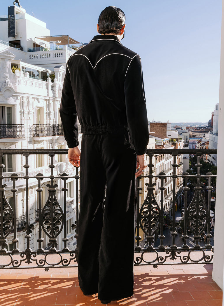 Black 70s Velvet Western Wide Leg Trousers