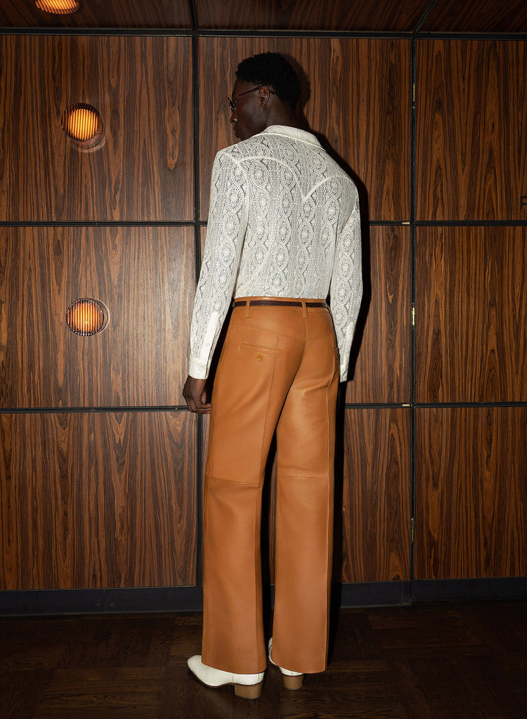 Brown Leather Pin Tuck Trousers