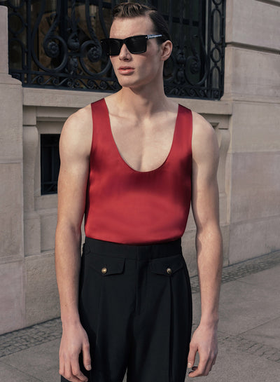 Red Silk Scoop Neck Vest