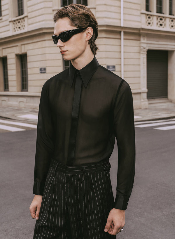 Black Silk Semi Sheer Chiffon Shirt