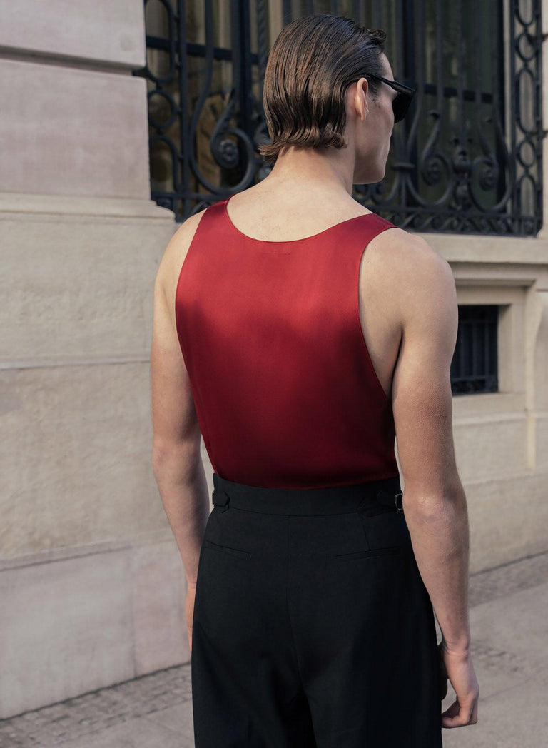 Red Silk Scoop Neck Vest