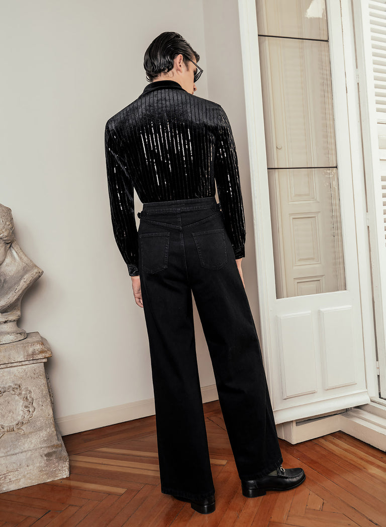 Black Denim Pleated Wide Leg Buckle Flare Jean