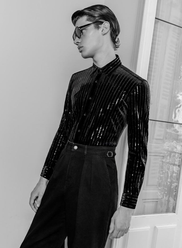 Black Denim Pleated Wide Leg Buckle Flare Jean