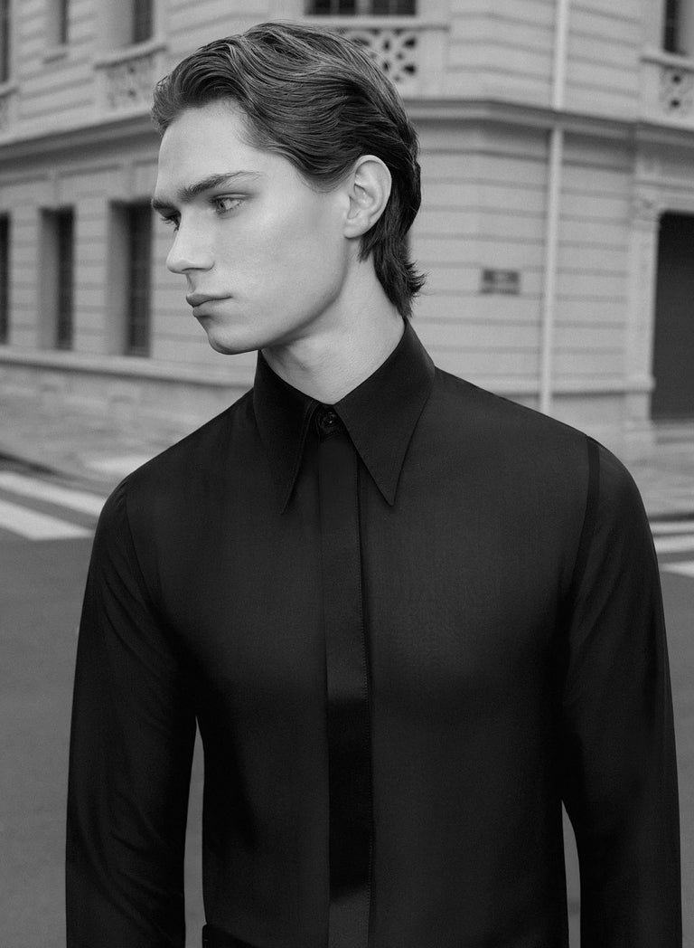 Black Silk Semi Sheer Chiffon Shirt