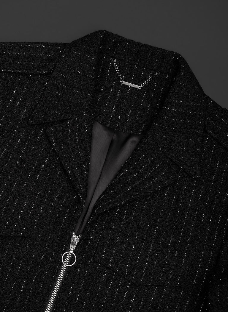 Black Silver Pinstripe Double Pocket Zip Wool Jacket