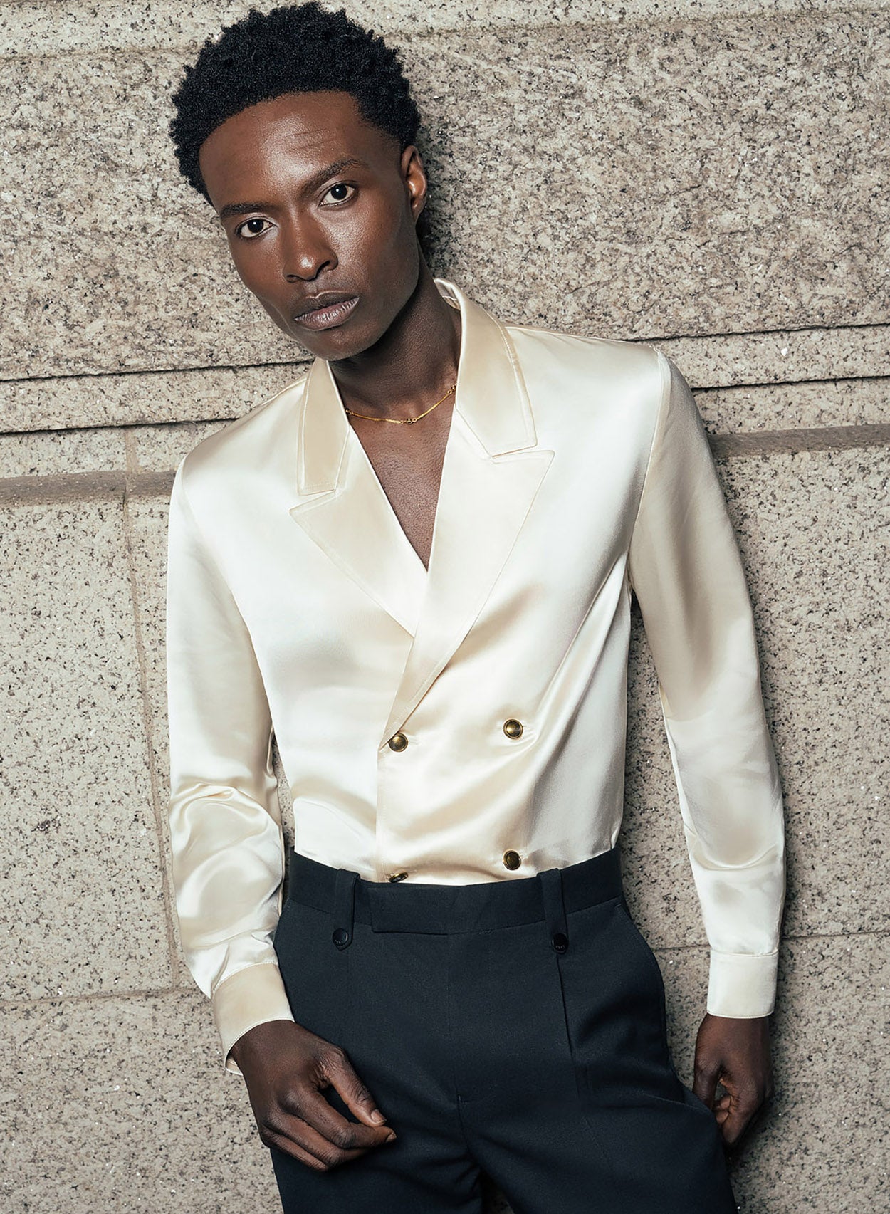 Pearl Satin Double Breasted Silver Button Shirt Phix