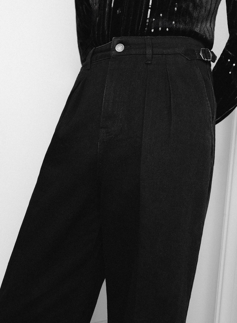 Black Denim Pleated Wide Leg Buckle Flare Jean