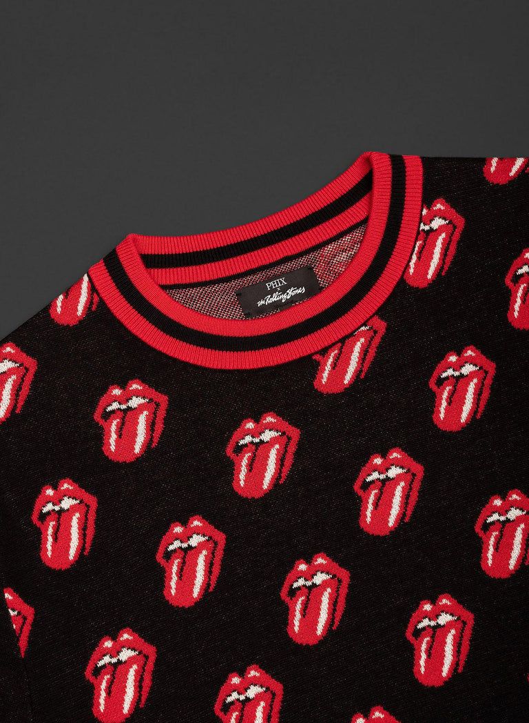 Phix X Rolling Stones Black Knitted Red Tongue Pattern Polo