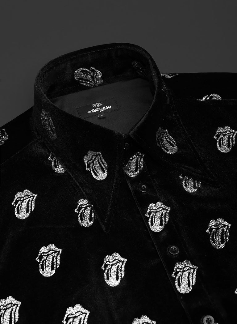 Phix X Rolling Stones Black Velvet Silver Tongue Pattern Shirt