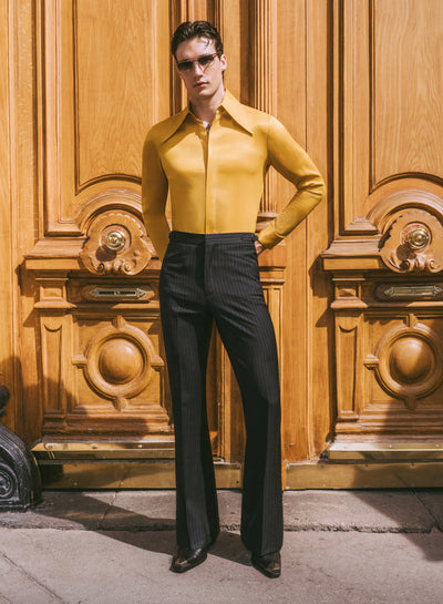 Grey Pinstripe Pure Wool Slim-Fit Flare Side Buckle Trousers