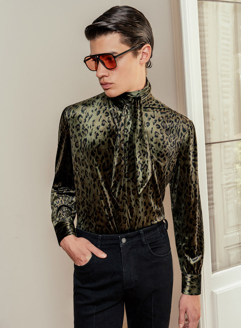 Green Leopard Velvet Scarf Neck Shirt