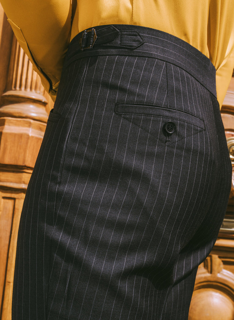 Grey Pinstripe Pure Wool Slim-Fit Flare Side Buckle Trousers