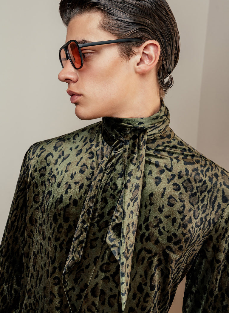 Green Leopard Velvet Scarf Neck Shirt Phix