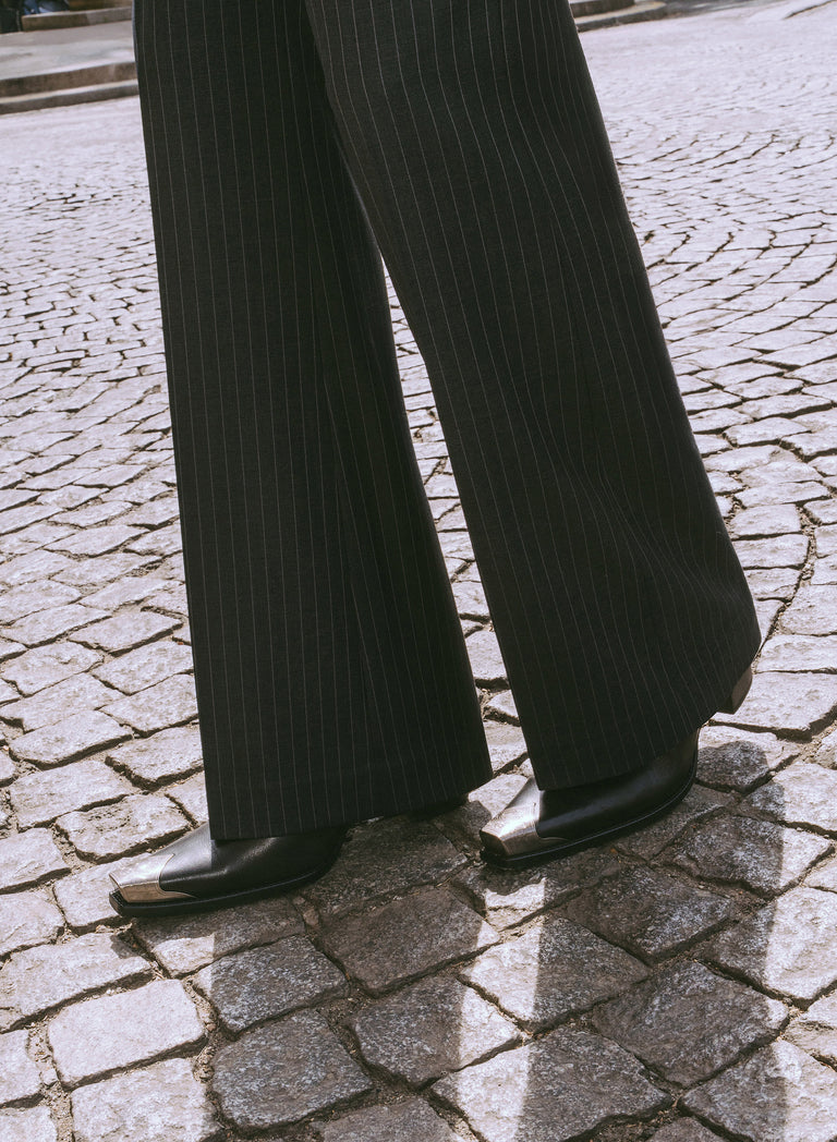 Grey Pinstripe Pure Wool Slim-Fit Flare Side Buckle Trousers