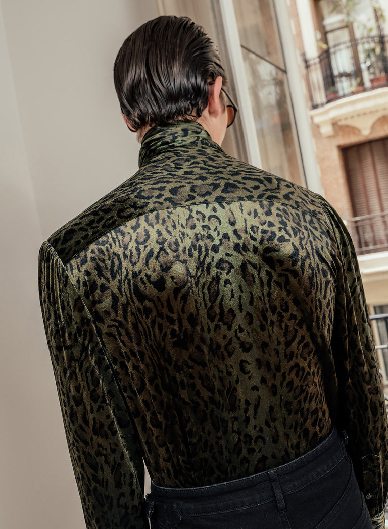 Green Leopard Velvet Scarf Neck Shirt