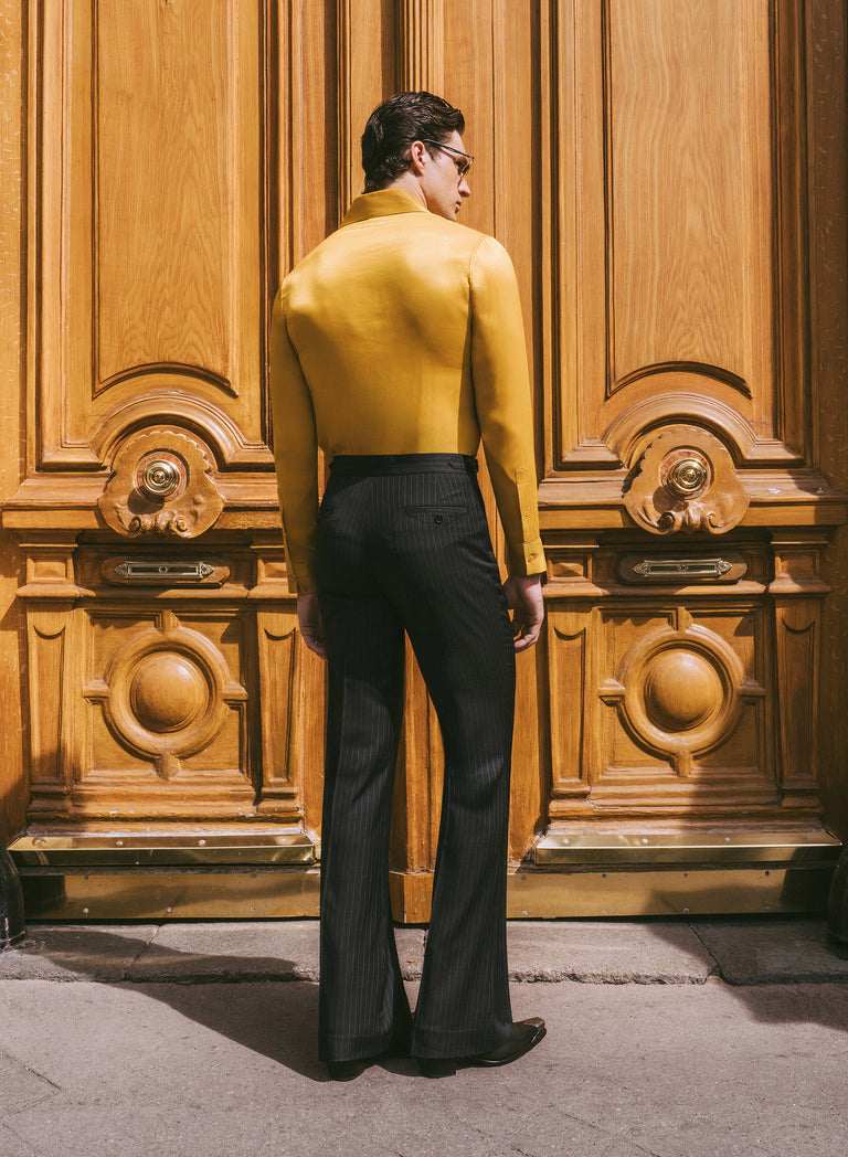 Grey Pinstripe Pure Wool Slim-Fit Flare Side Buckle Trousers