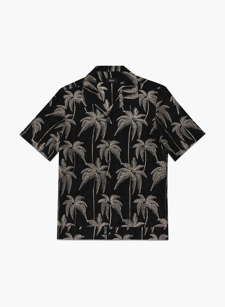 Black Viscose Gold Palm Tree Embroidery Cuban Shirt