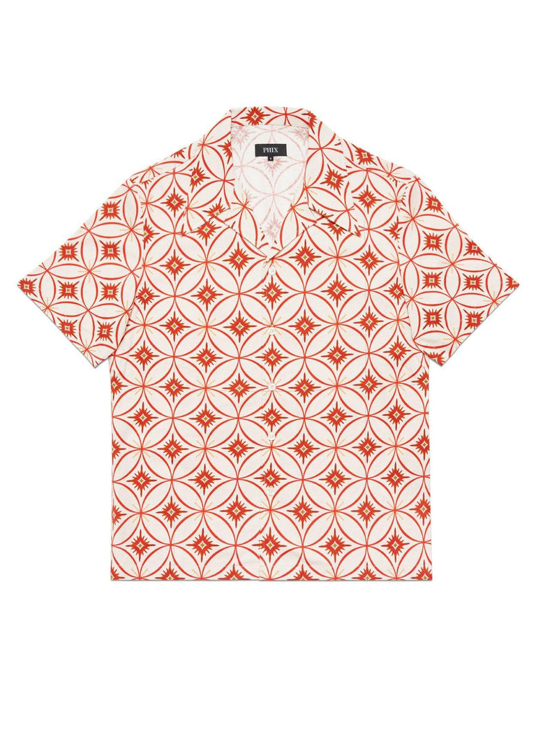 Off White Linen Geometric Cuban Shirt