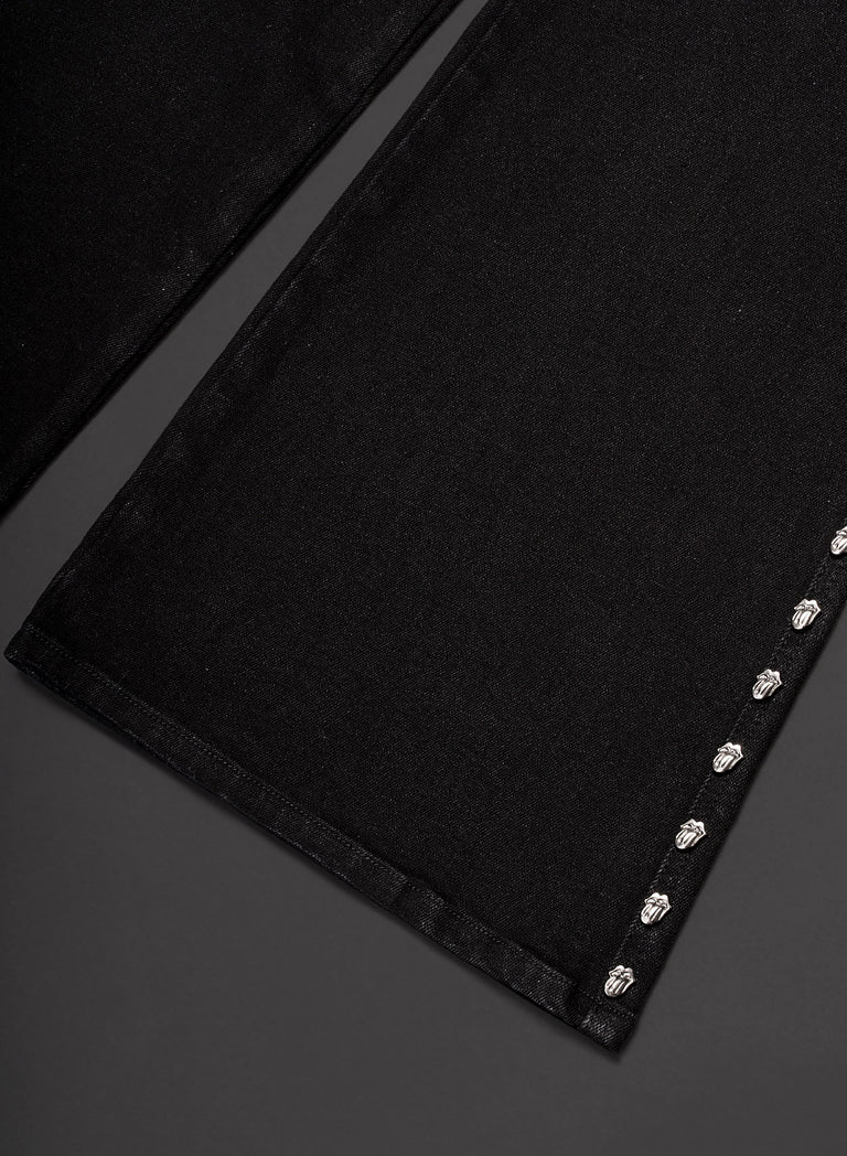 Phix X Rolling Stones Black Leg Studded Logo Denim Flare