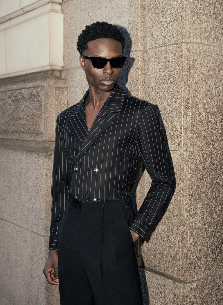 Black Double Breasted Pinstripe Shirt